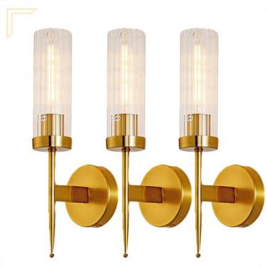 Imagem de 3 Arandela Dourada Vidro Cristal Transparente Cabeceira Quarto Lup56 -