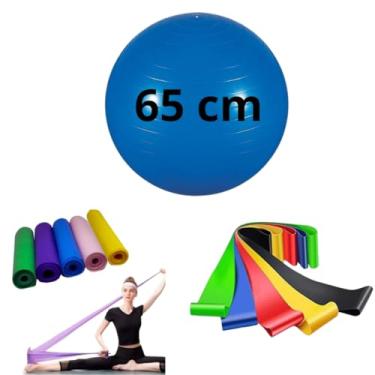 Imagem de Kit Bola Suíça Pilates 65cm com Faixa Elástica e 5 Mini Bands Treino Funcional Yoga Fisioterapia (Azul)