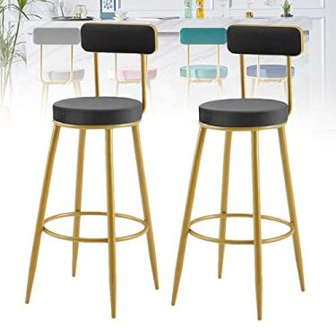 Imagem de Conjunto de 2 bancos de bar para cozinha, cadeiras de bar com altura de 65 cm com encosto alto, bancos de veludo para cozinha com pernas de metal dourado