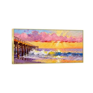 Imagem de Impressão em tela de paisagem com moldura dourada - Ponte do mar pôr do sol - Pintura de decoração - Imagens para quarto 60 x 120 cm 24 x 47 pol