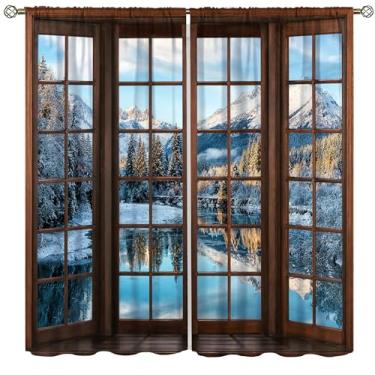 Imagem de wlsgdsg Cortinas blackout de paisagem de inverno montanha nevada para quarto, natureza, neve, inverno, floresta, cubos de gelo, lagos, flocos de neve, cenário, cortinas de janela, impressão para