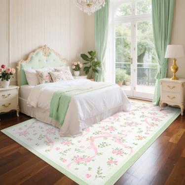 Imagem de GarveeHome Tapetes Coquette rosa e verde para quarto de meninas, 22 x 30 cm para sala de estar com pelo baixo macio, tapete lavável com laço floral antiderrapante, 22 x 30 cm, para berçário, sala de