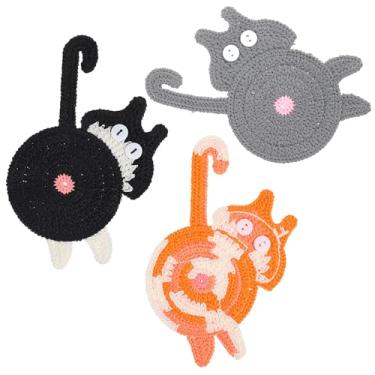 Imagem de Ymapinc Porta-copos de 3 peças para gatos - Porta-copos de café antiderrapante bonito feito à mão, presentes para amantes de gatos, copo de bebidas quentes, decoração de mesa para mulheres, decoração