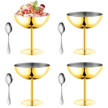 Imagem de UNISWEET Tigelas de sorvete, copos de sobremesa de aço inoxidável com colheres, copos reutilizáveis de sudae com pés, copos de sorvete para sobremesa, iogurte congelado, gelato, decorações de festa de