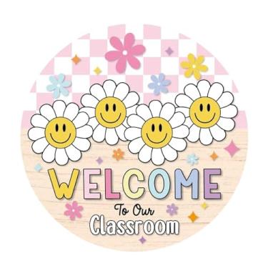 Imagem de FYSUIMU Letreiro de madeira pastel para pendurar na sala de aula, placa de madeira de boas-vindas, margarida, flor, rosa, quadriculada, para decoração de porta de volta às aulas, decoração de parede