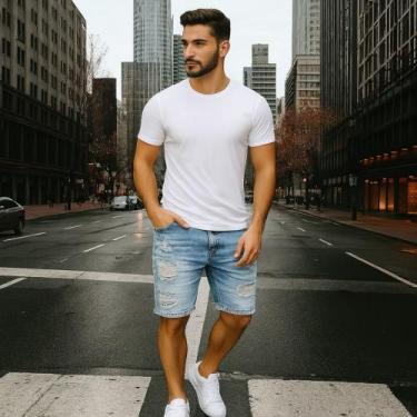 Imagem de Bermuda Jeans SKINNY RASGADA Masculina Casual Slim Preta Azul e Azul C