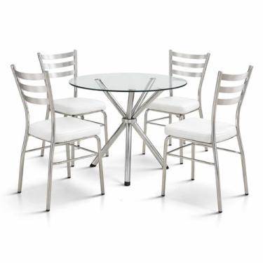 Imagem de Jogo Mesa Jantar Pé Palito Cromada + 4 Cadeiras Reforço Assento Grosso