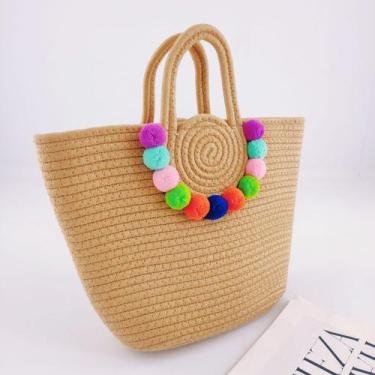 Imagem de Bolsa De Feminina Praia Sacola Verão Com Alça Dupla Pom Pom Cor:NUDE -