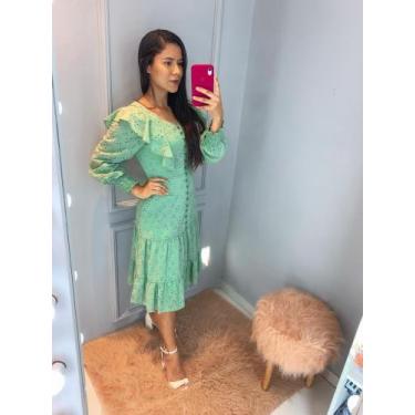 Imagem de Vestido Clecia todo em cambraia na cor verde manga longa - Azolle