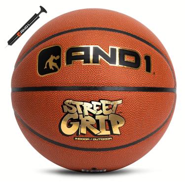 Imagem de AND1 Street Grip Bola de basquete e bomba de couro composto premium - tamanho oficial 7 (75 cm), streetball, feito para jogos de basquete internos e externos (laranja)
