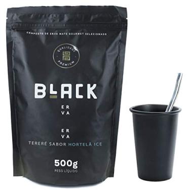 Imagem de KIT COPO DE TERERÉ PRETO + BOMBA DE TERERÉ INOX + BLACK ERVA MATE 500G (Hortelã Ice)