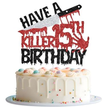 Imagem de Have a Killer 15th Birthday Cake Topper, Happy 15th Birthday Cake Decorations, Bloody I'm 15, Halloween Horror Zombie Vampire 15th Bday Party Decorations Glitter