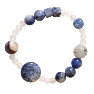 Imagem de Pulseira de cristal, pulseira de cristal branco com pedras azuis naturais para mulheres, contas de saúde da sorte, pulseira de design artesanal faça você mesmo