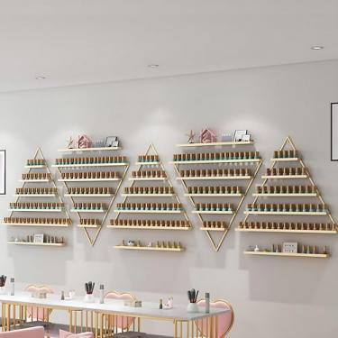 Imagem de Suporte de esmalte de parede, conjunto de 10 prateleiras triangulares douradas de esmalte de batom, perfume, prateleira de exibição de cosméticos para casa, spa, salão de beleza