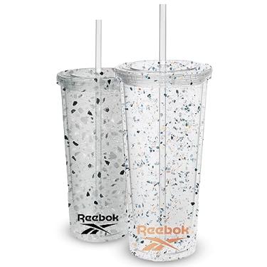 Imagem de Reebok Lifestyle Premium Terrazzo Texture Copos de plástico reutilizáveis com tampa e canudo | Caneca de café de viagem à prova de vazamento, livre de BPA (680 g, pacote com 1, laranja)