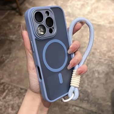Imagem de Capa magnética transparente fosca para iPhone 16, 14, 13 Mini, 15, 12, 11 Pro Max Plus, com alça de pulso e capa protetora à prova de choque, tamanho P azul, para iPhone 11 Pro Max