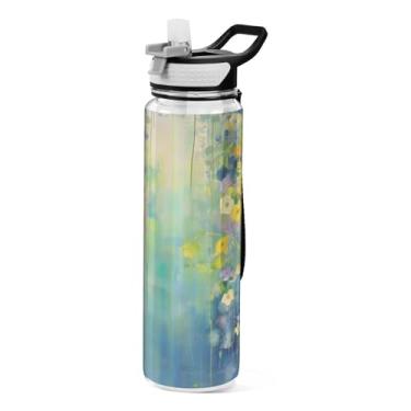 Imagem de Burbuja Garrafa de água com pintura abstrata de flores de 940 ml com tampa de palha, à prova de vazamento e livre de BPA para academia, esportes ao ar livre