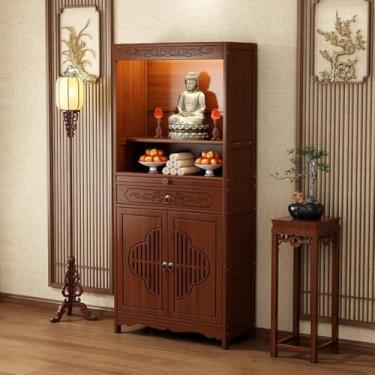 Imagem de Mesa de altar pessoal do santuário - Armário de nicho de Buda de bambu de 52 cm com gaveta, pedestal de queimador de incenso de meditação para orações e adivinhação, solução de armazenamento elegante