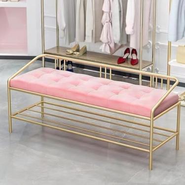 Imagem de Banco de entrada para sapatos com almofada, organizador de sapateira para porta da frente, banco de armazenamento acolchoado com prateleira de madeira maciça, solução de armazenamento de sapatos