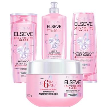 Imagem de Kit Elseve Glycolic Gloss: Shampoo, Condicionador, Creme Tratamento, Creme Para Pentear - Alto Brilho para Cabelo Danificado e Sem Brilho