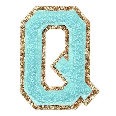 Imagem de 3 Pçs Chenille Letter Patches Ferro em Patches Glitter Varsity Letter Patches Bordado Borda Dourada Costurar em Patches para Vestuário Chapéu Camisa Bolsa (Azul, Q)