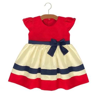 Imagem de Vestido Infantil Princesa com Manga Boneca e laço na Cintura tricolor 