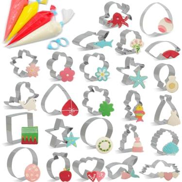 Imagem de MASALACO Conjunto de 25 peças de cortador de biscoito de metal, dia dos namorados, oceano, flores e formas diárias, cortador de massa, aço inoxidável e saco de confeitar