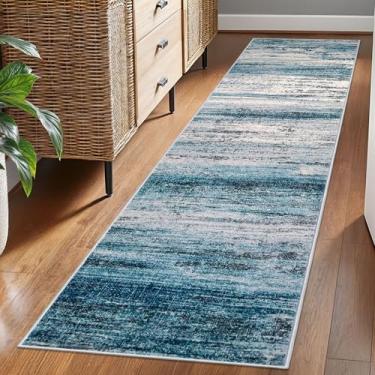 Imagem de KOZYFLY Tapete de corredor abstrato moderno, tapetes de cozinha antiderrapantes laváveis e macios para corredores, tapete azul estampado para entrada, banheiro, lavanderia, hall de entrada