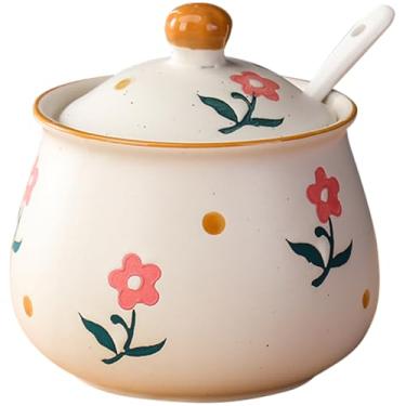 Imagem de Lifenanny Açucareiro com tampa e colher, potes florais de condimentos de cerâmica de 300 ml, recipiente de tempero de 293 ml, caixa para cozinha, café, bar, flor vermelha