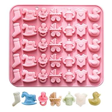Imagem de Chá de bebê moldes de chocolate de silicone antiaderentes, macacão de bebê, chupeta, carrinho de bebê, meias de bebê, moldes de doces para chá de bebê, festa, decoração de bolo, enfeite de cupcake