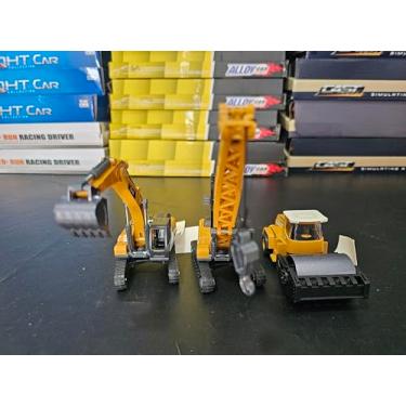 Imagem de Kit Máquinas Construção Miniatura Escavadeira Retroescavadeira Rolo Compressor Brinquedo Veículo Construção Infantil 1:70 Plástico Metal (Kit Escavadeira, Guindaste, Rolo)