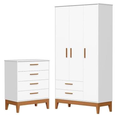Imagem de Jogo De Quarto Infantil Flip Guarda Roupa 3 Portas E Cômoda 4 Gavetas Branco Fosco - Reller Móveis Branco Fosco
