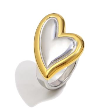 Imagem de Kokoma Anel de declaração de coração de dois tons para mulheres, anel de compromisso de coração de amor de aço inoxidável eternidade pulseira de dedo grosso moda joia de dia dos namorados, 29.2mm X