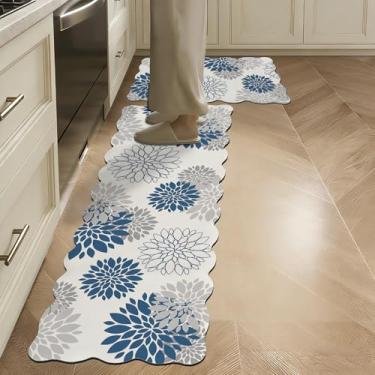 Imagem de Baccessor Tapetes de cozinha recortados azuis para piso dália pinnata tapetes de cozinha antiderrapantes laváveis conjunto de 2 tapetes para pia, lavanderia, decoração de cozinha e acessórios 43 cm ×