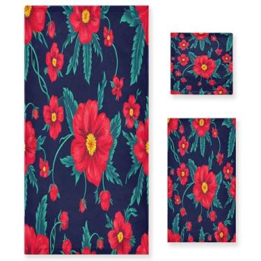 Imagem de xigua Conjunto de toalhas de banheiro flores vermelhas absorvente macio toalha de banho de 3 peças toalha de mão toalhas decorativas para banheiro, academia, hotel, praia, piscina