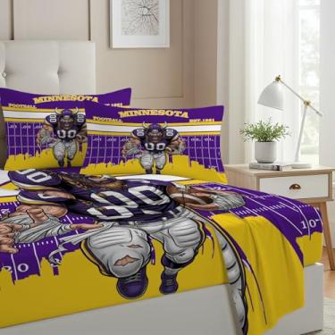 Imagem de Allenjoy Jogo de lençol Hero City Football roxo amarelo com elástico, lençol de cima e 2 fronhas para homens, adolescentes, fãs de irmão e filho, decoração de quarto, tamanho casal