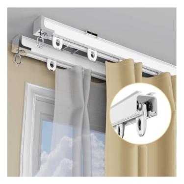 Imagem de Conjunto de varão de cortina de teto de trilho duplo resistente, trilhos de cortina deslizantes de alumínio de 30 m para divisória de quarto, suporte de teto para janelas, cor branca