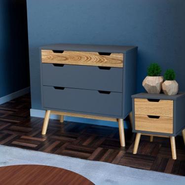 Imagem de Cômoda e Mesa de Cabeceira Lara Parpinelli Cinza/Pinus Cera