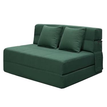 Imagem de ANONER Sofá-cama dobrável de espuma viscoelástica com 2 travesseiros, cama queen size futon para hóspedes, capa lavável, verde escuro
