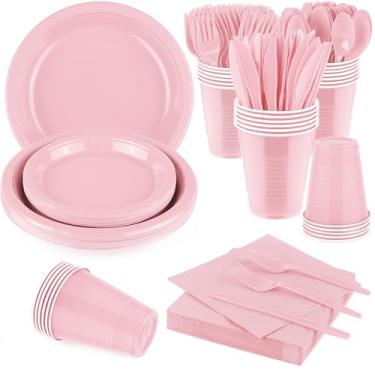 Imagem de Aodaer Conjunto de 200 peças de utensílios de jantar descartáveis para festa rosa inclui pratos de plástico, copos, facas, garfos, colheres, guardanapos de papel para festas de aniversário, casamento,