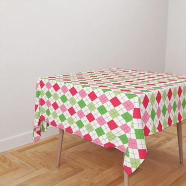 Imagem de Toalha De Mesa Quadrada 4 Lugares Tecido Oxford Losangos Verdes e Rosa