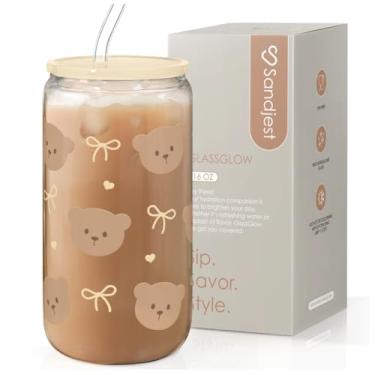 Imagem de Lata de vidro de urso, copo de café gelado, presente para aniversário de Natal, presentes para mulheres e meninas, 473 ml