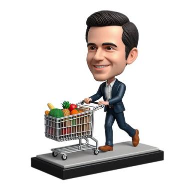 Imagem de Papai compras de mercearia Bobblehead com carrinho completo feito à mão a partir de foto personalizada para pais irmãos decoração de prateleira de cozinha símbolo de cuidados familiares tarefas de fim