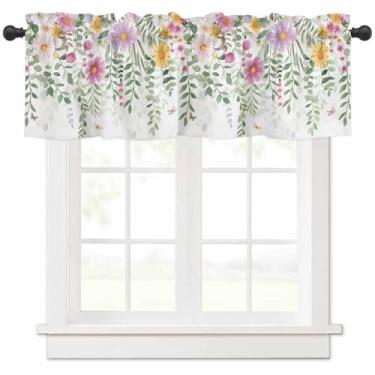 Imagem de Cortina de sanefa para janela de cozinha, margarida rosa de verão, flores coloridas, folha, videira, plantas, bolso para varão, tratamento de privacidade, cortinas para sala de estar, casa de fazenda