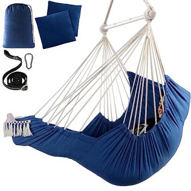 Imagem de Chihee Cadeira de rede para pendurar com descanso para os pés, 2 almofadas, no máximo, 226 kg, barra de metal robusta, dobrável, fácil de armazenar, cadeira de balanço de algodão macio, alça forte,