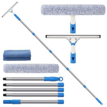 Imagem de Mitclear Kit de limpeza de janela de 1,5 m com mastros de extensão, ferramenta de limpeza de janela com rodo de silicone de 35 cm, esfregão e pano de microfibra de 35 cm, equipamento de lavagem de
