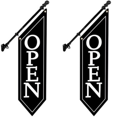 Imagem de Pacote com 2 bandeiras abertas com kit de mastro - Banner aberto de lona resistente para loja comercial, placa dupla face externa de 106 x 30 cm com suporte - Sinalização publicitária para varejo e