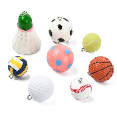 Imagem de UR URLIFEHALL 16 peças, 8 estilos, pingentes de bolas esportivas de resina, 3D, futebol, basquete, beisebol, pingentes para pulseira DIY, colar, brincos, artesanato, fabricação de joias
