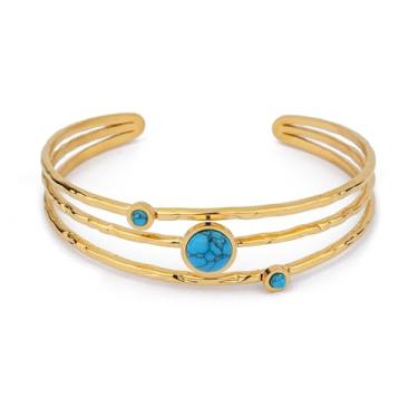 Imagem de TaYolnFaSo Pulseira feminina de pedra preciosa natural banhada a ouro real 18 K, ajustável, larga e grossa, não mancha, pulseira de pulso aberto para presente de joias, 57, Turquesa criada
