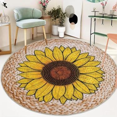 Imagem de Lacomfy Tapete floral 1,5 m – Tapete circular com estampa de juta boho, tapete redondo de girassol para sala de estar, tapete de sala de jogos de flores amarelas, tapetes que não caem para dormitório